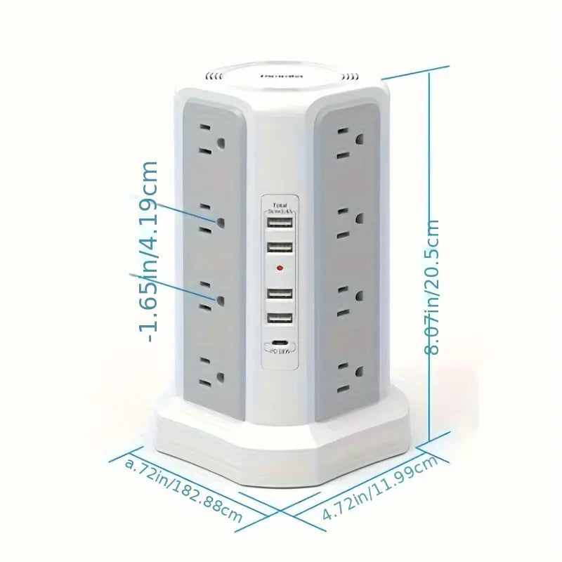 LEVEL 4 Upgraded New Product Flat Plug 16 AC Outlets Power Strip Tower with USB/USB C Port, Surge Protector Power Tower with 5 USB Charging Ports, Extension Cord Desktop Power Strip