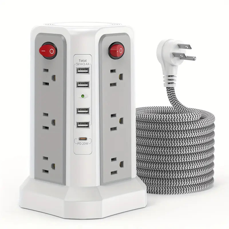 LEVEL 4 Upgraded New Product Flat Plug 16 AC Outlets Power Strip Tower with USB/USB C Port, Surge Protector Power Tower with 5 USB Charging Ports, Extension Cord Desktop Power Strip