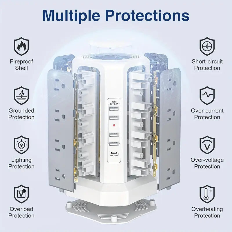LEVEL 4 Upgraded New Product Flat Plug 16 AC Outlets Power Strip Tower with USB/USB C Port, Surge Protector Power Tower with 5 USB Charging Ports, Extension Cord Desktop Power Strip