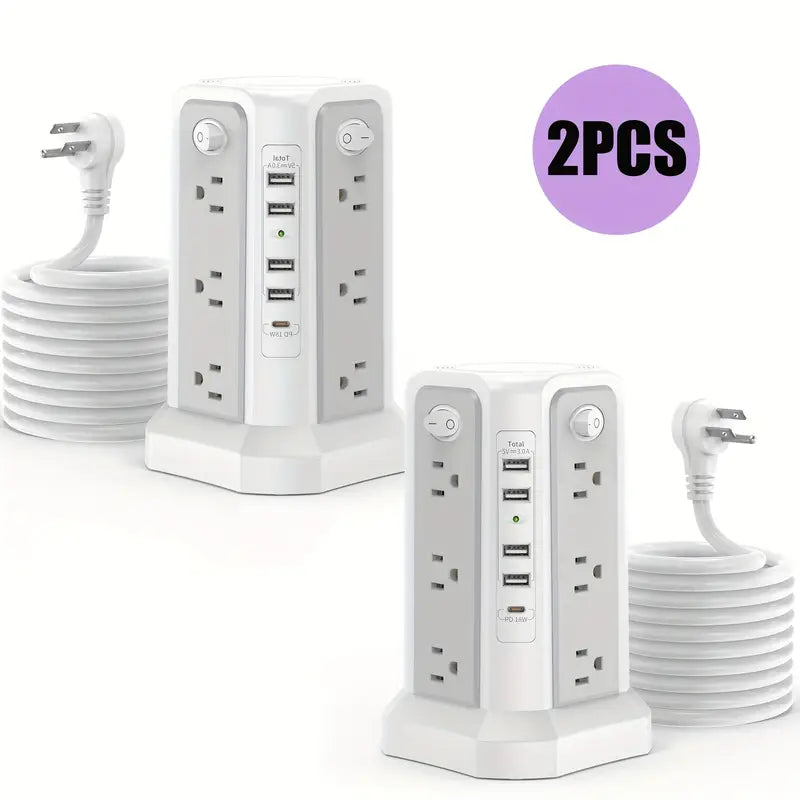 LEVEL 4 Upgraded New Product Flat Plug 16 AC Outlets Power Strip Tower with USB/USB C Port, Surge Protector Power Tower with 5 USB Charging Ports, Extension Cord Desktop Power Strip