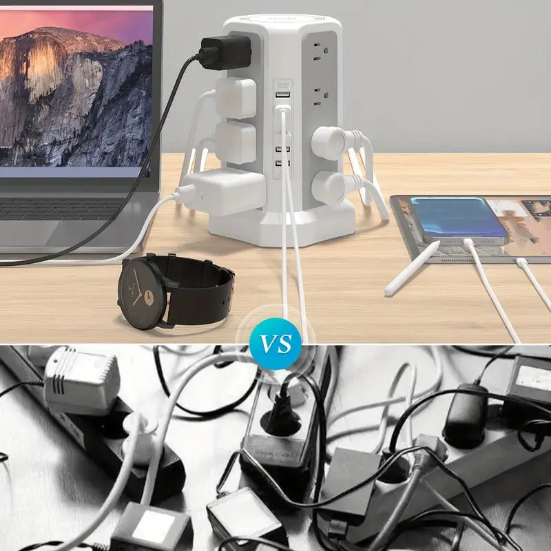 LEVEL 4 Upgraded New Product Flat Plug 16 AC Outlets Power Strip Tower with USB/USB C Port, Surge Protector Power Tower with 5 USB Charging Ports, Extension Cord Desktop Power Strip